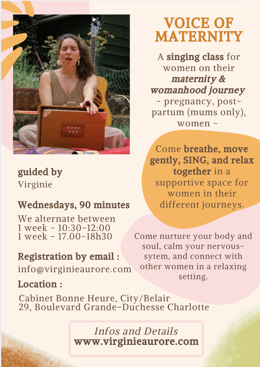 Voix de la Maternité – Un cours de chant hebdomadaire pour les femmes traversant les étapes de la maternité et de la vie de femme : grossesse, post-partum (réservé aux mamans) et femmes