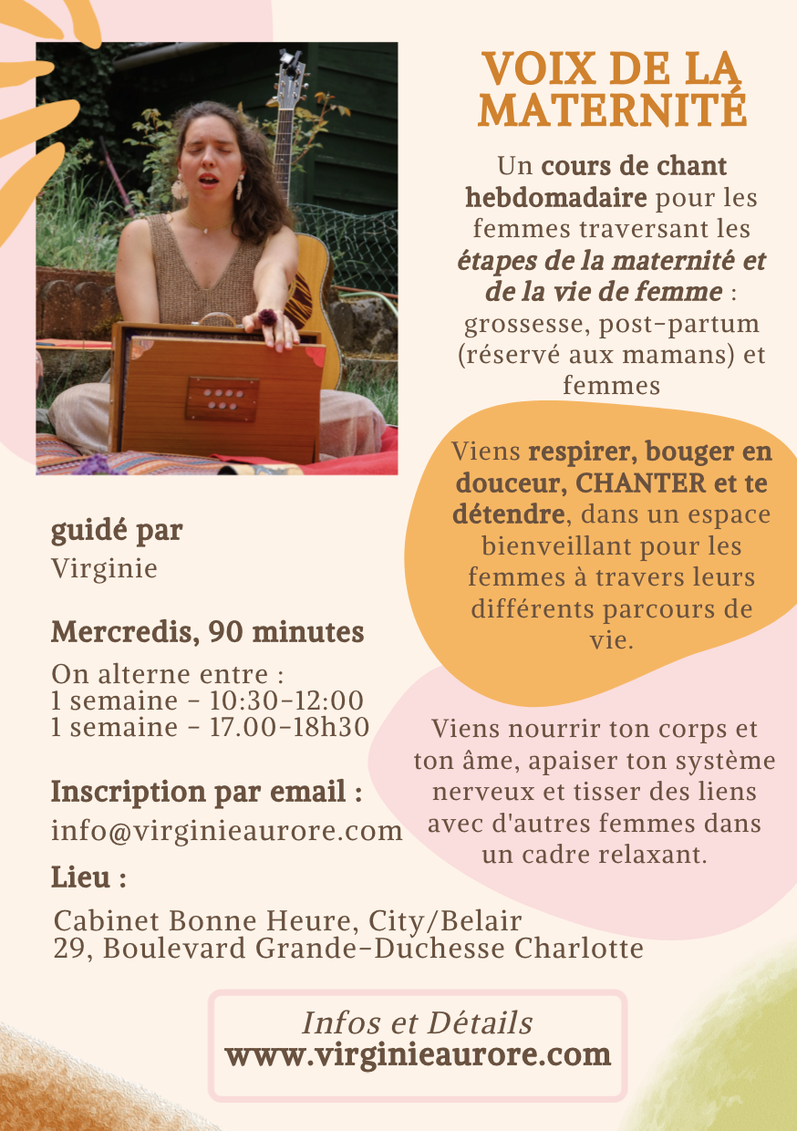 Voix de la Maternité – Un cours de chant hebdomadaire pour les femmes traversant les étapes de la maternité et de la vie de femme : grossesse, post-partum (réservé aux mamans) et femmes – Image 2